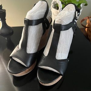 Blk leather cork wedge sandal. Marc Fischer